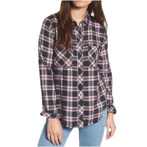 Rails Rex Studded Plaid Flannel Button Front Shirt Women's Medium Western Frayed
